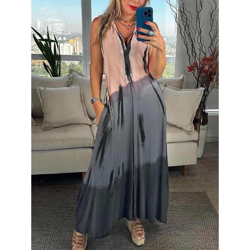 Ärmelloses Kleid für Damen mit V-Ausschnitt und Revers in Tie-Dye Farbgebung