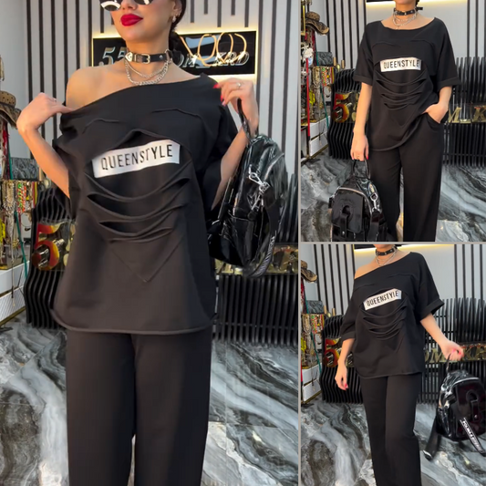 Set de moda hecho de camisa a corto plazo y pantalones monocromáticos con bolsillos