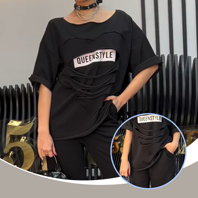 Modisches Set aus Kurzarmshirt und einfarbiger Hose mit Taschen