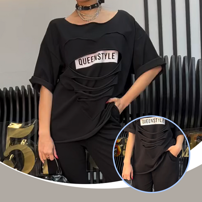 Modisches Set aus Kurzarmshirt und einfarbiger Hose mit Taschen