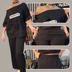 Modisches Set aus Kurzarmshirt und einfarbiger Hose mit Taschen