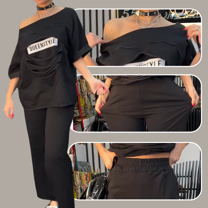 Modisches Set aus Kurzarmshirt und einfarbiger Hose mit Taschen