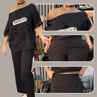 Modisches Set aus Kurzarmshirt und einfarbiger Hose mit Taschen