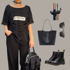 Modisches Set aus Kurzarmshirt und einfarbiger Hose mit Taschen