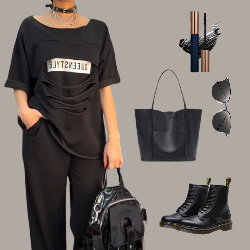 Modisches Set aus Kurzarmshirt und einfarbiger Hose mit Taschen