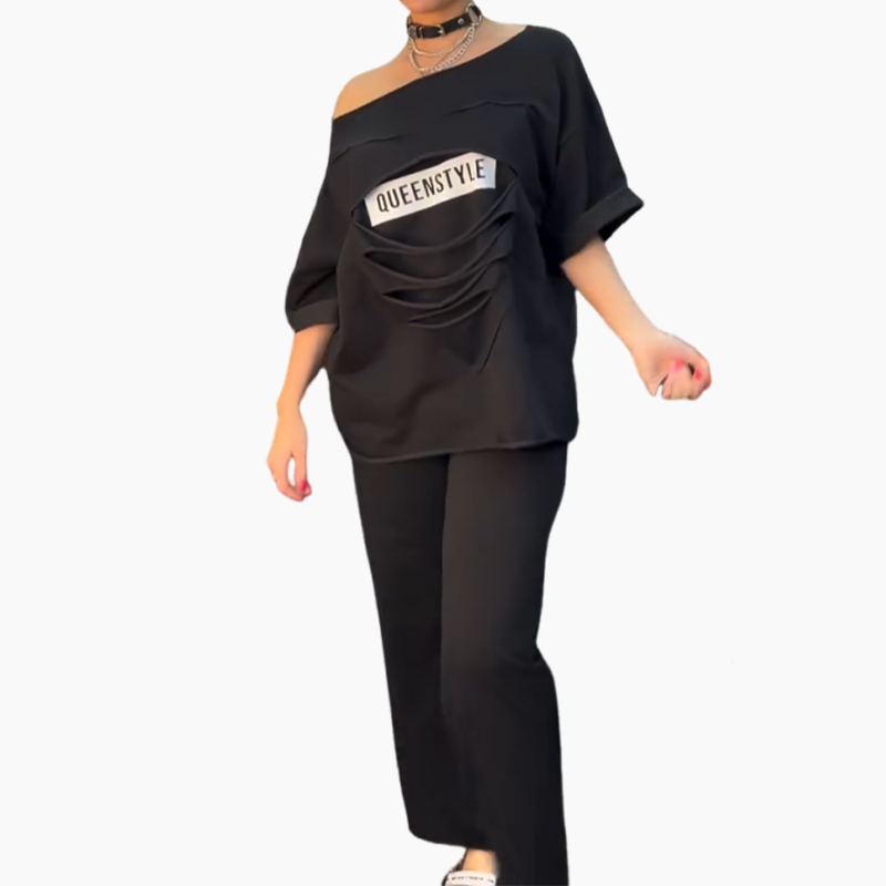 Modisches Set aus Kurzarmshirt und einfarbiger Hose mit Taschen