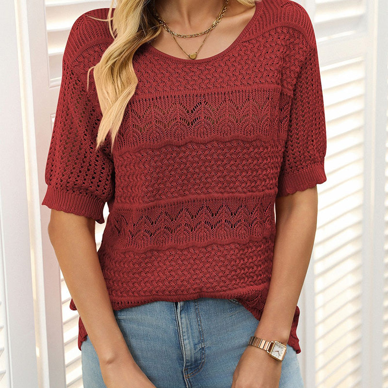 🌺Elegante. Transpirable. Versátil: tu prenda favorita de verano para cualquier ocasión.🌷Suéter de mujer de cuello redondo y manga corta con efecto calado y crochet.