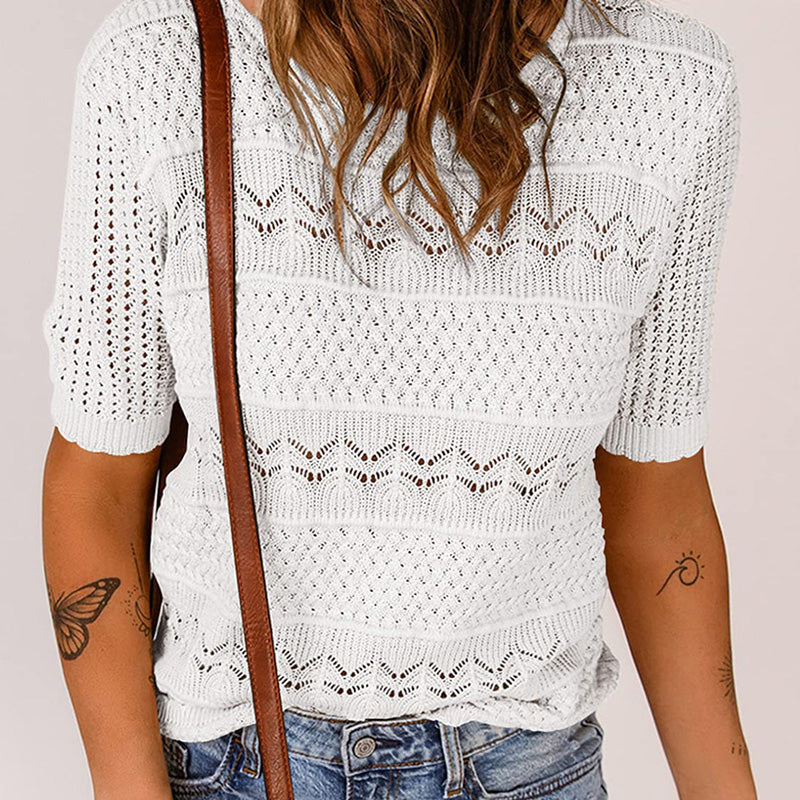 🌺Elegante. Transpirable. Versátil: tu prenda favorita de verano para cualquier ocasión.🌷Suéter de mujer de cuello redondo y manga corta con efecto calado y crochet.