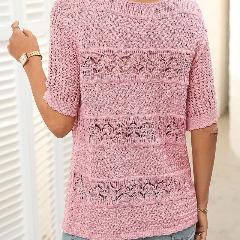 🌺Elegante. Transpirable. Versátil: tu prenda favorita de verano para cualquier ocasión.🌷Suéter de mujer de cuello redondo y manga corta con efecto calado y crochet.
