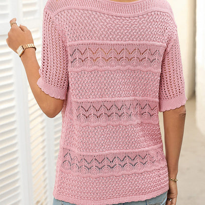 🌺Elegante. Transpirable. Versátil: tu prenda favorita de verano para cualquier ocasión.🌷Suéter de mujer de cuello redondo y manga corta con efecto calado y crochet.
