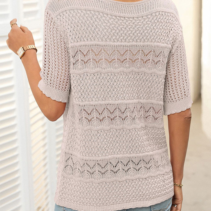 🌺Elegante. Transpirable. Versátil: tu prenda favorita de verano para cualquier ocasión.🌷Suéter de mujer de cuello redondo y manga corta con efecto calado y crochet.