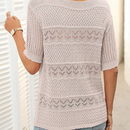 🌺Elegante. Transpirable. Versátil: tu prenda favorita de verano para cualquier ocasión.🌷Suéter de mujer de cuello redondo y manga corta con efecto calado y crochet.