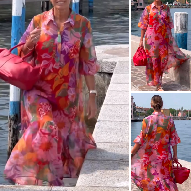 Vestido de gasa roja con patrón de flores