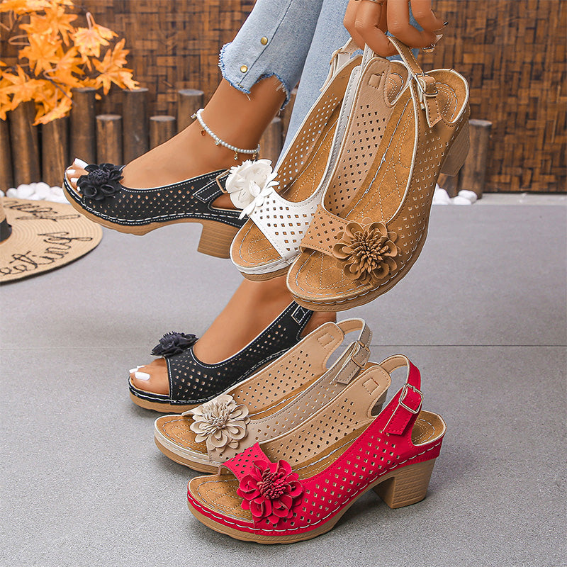 💖Sandalias casuales de mujer con vainica floral y tacón inclinado