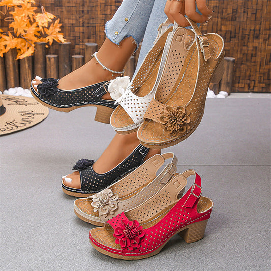 💖Sandalias casuales de mujer con vainica floral y tacón inclinado