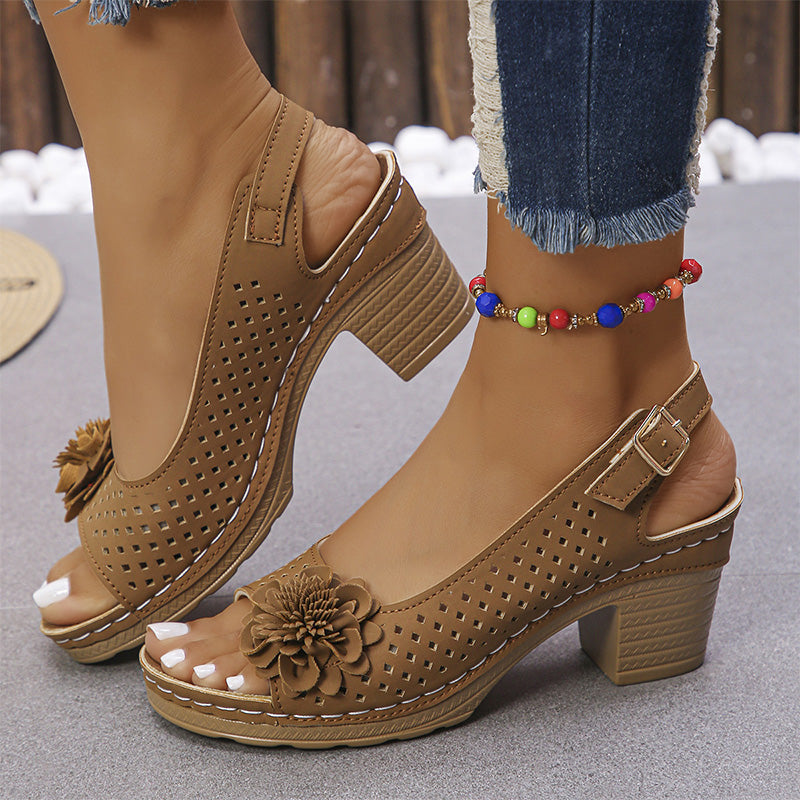 💖Sandalias casuales de mujer con vainica floral y tacón inclinado