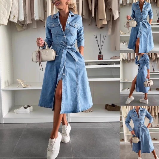 Vestido de jean para mujeres con una barra de botones y mangas largas