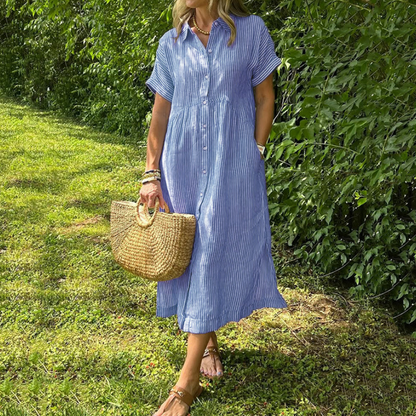 🌞Frühlingserwachen: 50% Rabatt!👗 Damen Gestreiftes Langes Blusenkleid mit V-Ausschnitt & Kragen – Lockerer Schnitt, Vielseitig & Komfortabel