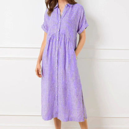 🌞Frühlingserwachen: 50% Rabatt!👗 Damen Gestreiftes Langes Blusenkleid mit V-Ausschnitt & Kragen – Lockerer Schnitt, Vielseitig & Komfortabel
