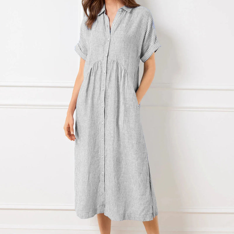 🌞Frühlingserwachen: 50% Rabatt!👗 Damen Gestreiftes Langes Blusenkleid mit V-Ausschnitt & Kragen – Lockerer Schnitt, Vielseitig & Komfortabel