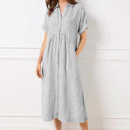 🌞Frühlingserwachen: 50% Rabatt!👗 Damen Gestreiftes Langes Blusenkleid mit V-Ausschnitt & Kragen – Lockerer Schnitt, Vielseitig & Komfortabel