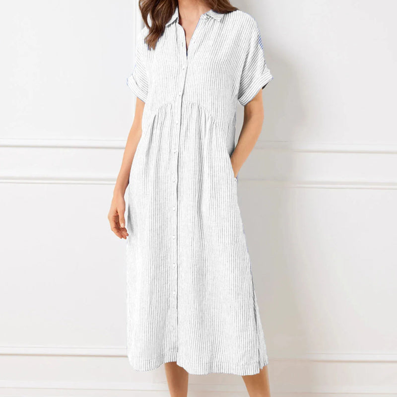 🌞Frühlingserwachen: 50% Rabatt!👗 Damen Gestreiftes Langes Blusenkleid mit V-Ausschnitt & Kragen – Lockerer Schnitt, Vielseitig & Komfortabel