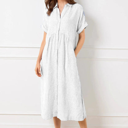 🌞Frühlingserwachen: 50% Rabatt!👗 Damen Gestreiftes Langes Blusenkleid mit V-Ausschnitt & Kragen – Lockerer Schnitt, Vielseitig & Komfortabel