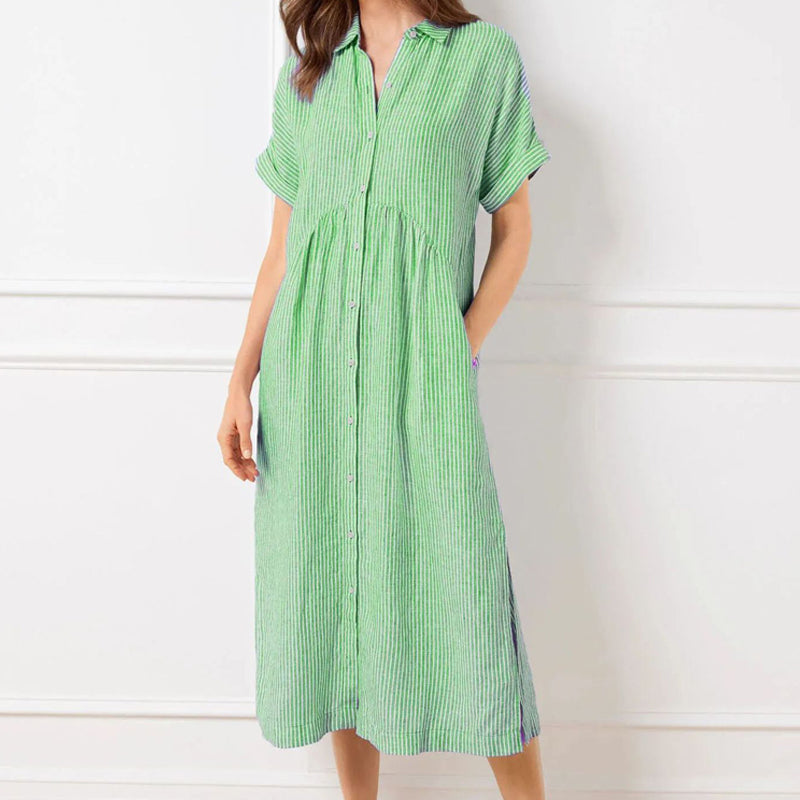 🌞Frühlingserwachen: 50% Rabatt!👗 Damen Gestreiftes Langes Blusenkleid mit V-Ausschnitt & Kragen – Lockerer Schnitt, Vielseitig & Komfortabel