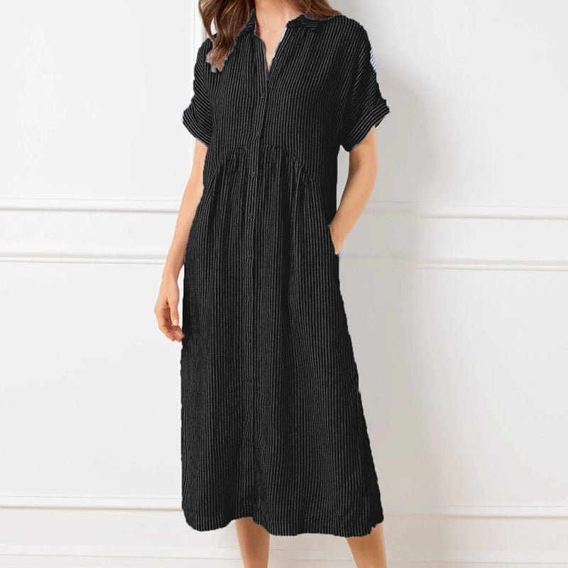 🌞Frühlingserwachen: 50% Rabatt!👗 Damen Gestreiftes Langes Blusenkleid mit V-Ausschnitt & Kragen – Lockerer Schnitt, Vielseitig & Komfortabel