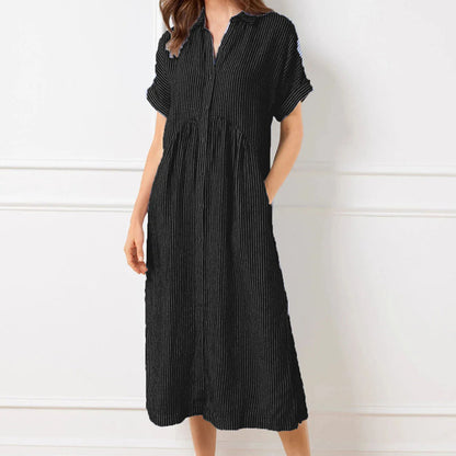 🌞Frühlingserwachen: 50% Rabatt!👗 Damen Gestreiftes Langes Blusenkleid mit V-Ausschnitt & Kragen – Lockerer Schnitt, Vielseitig & Komfortabel