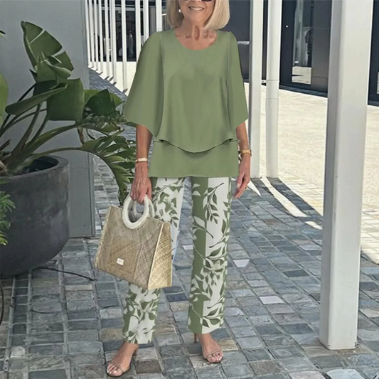 💃✨Conjunto de dos piezas para mujer: pantalón estampado y top de cuello redondo