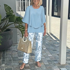 💃✨Damen-Zweiteiler: Bedruckte Hose & Oberteil mit Rundhalsausschnitt