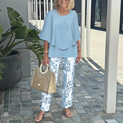 💃✨Conjunto de dos piezas para mujer: pantalón estampado y top de cuello redondo