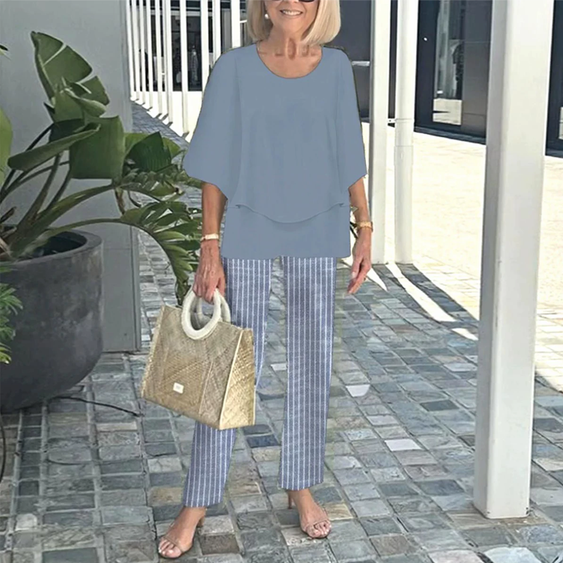 💃✨Conjunto de dos piezas para mujer: pantalón estampado y top de cuello redondo