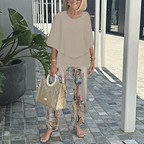 💃✨Damen-Zweiteiler: Bedruckte Hose & Oberteil mit Rundhalsausschnitt