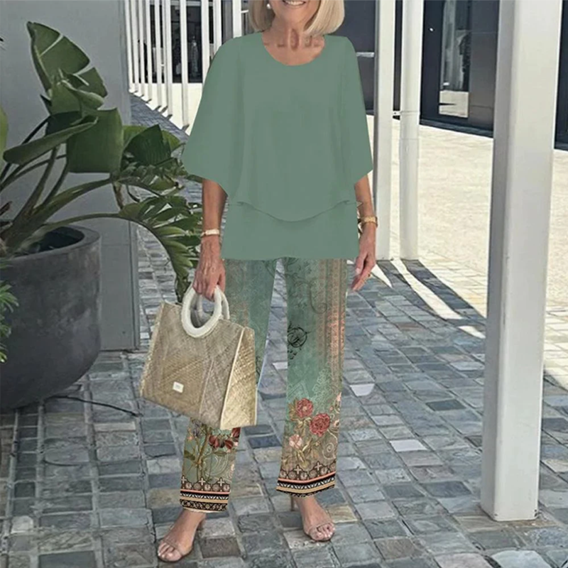 💃✨Conjunto de dos piezas para mujer: pantalón estampado y top de cuello redondo