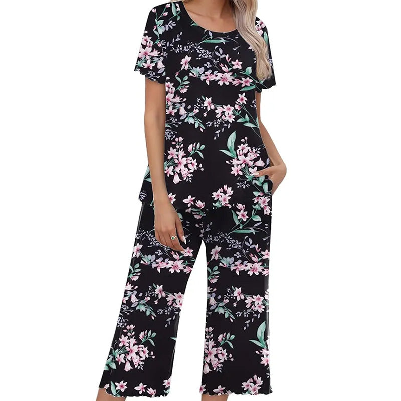 💐Siéntete bien con el esplendor floral: tu día a día, a tu estilo. Conjunto de pijama estampado para mujer con top y pantalón.