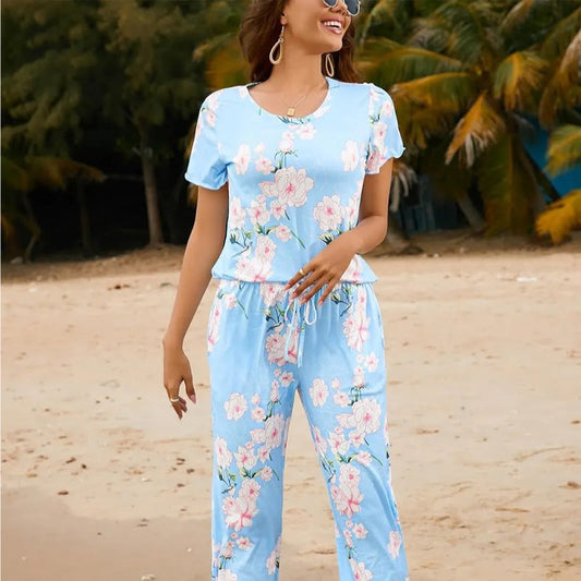 💐Wohlfühlen in Blumenpracht – Dein Alltag, Dein Stil. Damen-Print-Oberteil & Hose Nachtwäsche-Set