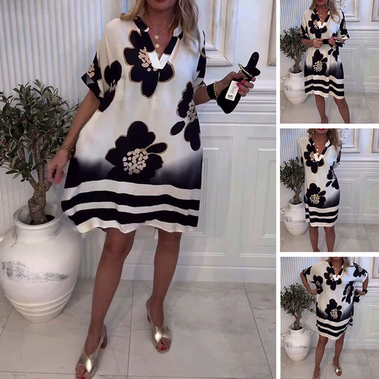 Vestido para mujeres de corte suelto con escote estampado y túnica profunda