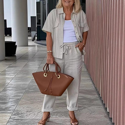 ☀️Conjunto de camisa de manga corta y pantalón holgado de algodón y lino.🩳