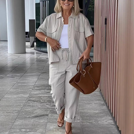 ☀️Conjunto de camisa de manga corta y pantalón holgado de algodón y lino.🩳