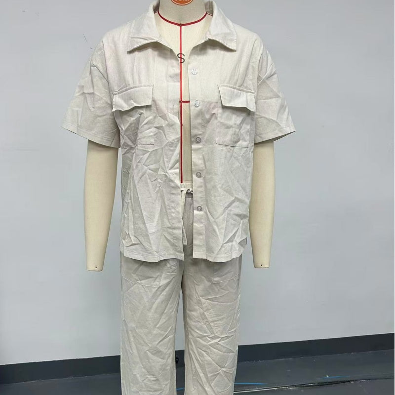 ☀️Conjunto de camisa de manga corta y pantalón holgado de algodón y lino.🩳