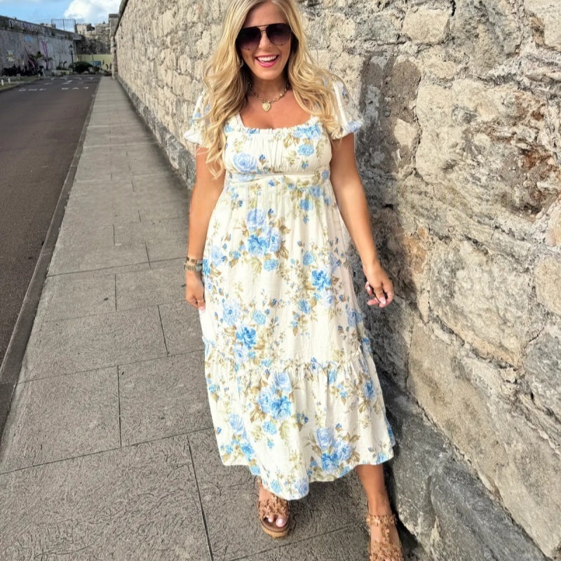 🏖️Zeitlich begrenzter Rabatt🌼Bedrucktes, plissiertes Kurzarmkleid für Damen mit quadratischem Ausschnitt
