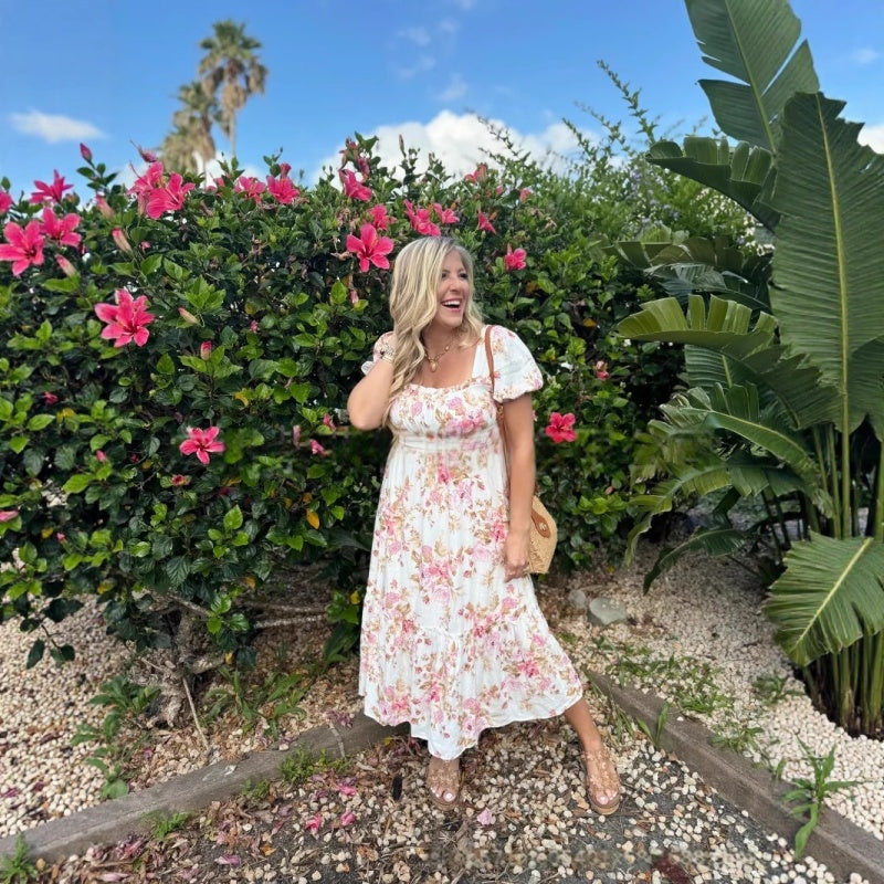 🏖️Zeitlich begrenzter Rabatt🌼Bedrucktes, plissiertes Kurzarmkleid für Damen mit quadratischem Ausschnitt