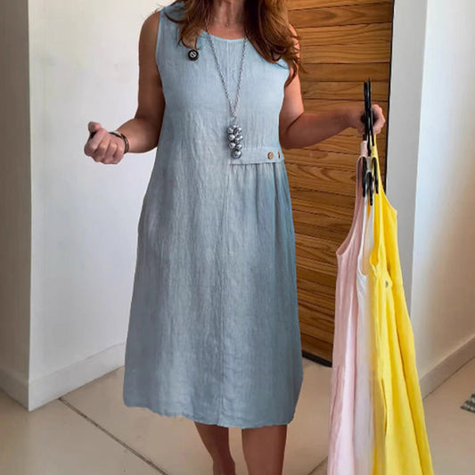 Damas sueltas, vestidos de ocio sin mangas con un escote circular