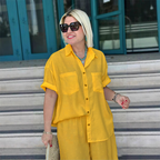 Atmungsaktiver Zweiteiler in Uni-Farbe – Kurzärmlige Hemdbluse mit Kragen & Hose mit weitem Bein