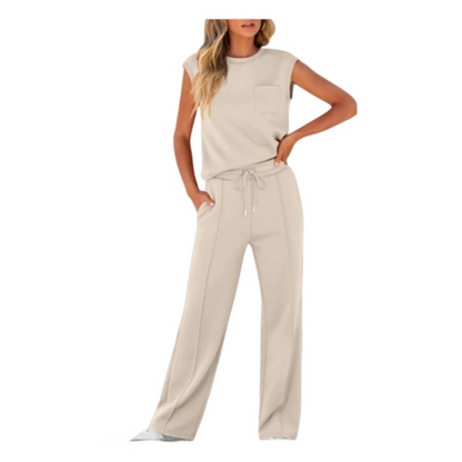 😍Conjunto casual de 2 piezas para mujer con top sin mangas y pantalón con cordón.