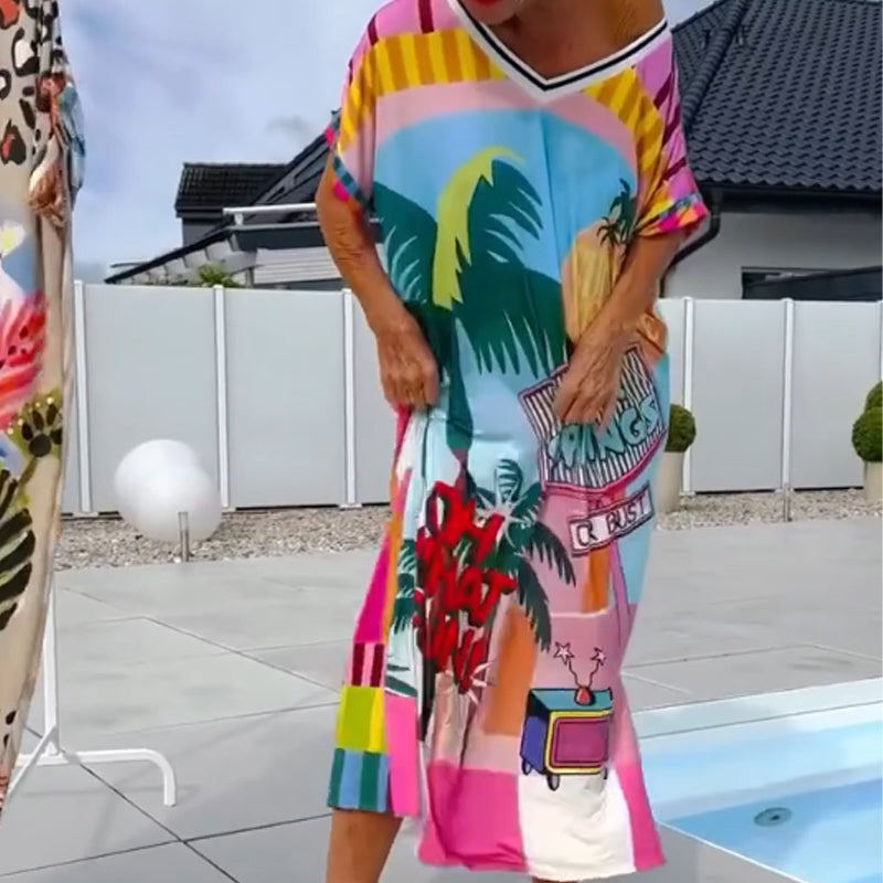 💃🌸Damenkleid mit modischem Druck, kurzen Ärmeln und V-Ausschnitt