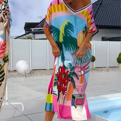 💃🌸Damenkleid mit modischem Druck, kurzen Ärmeln und V-Ausschnitt