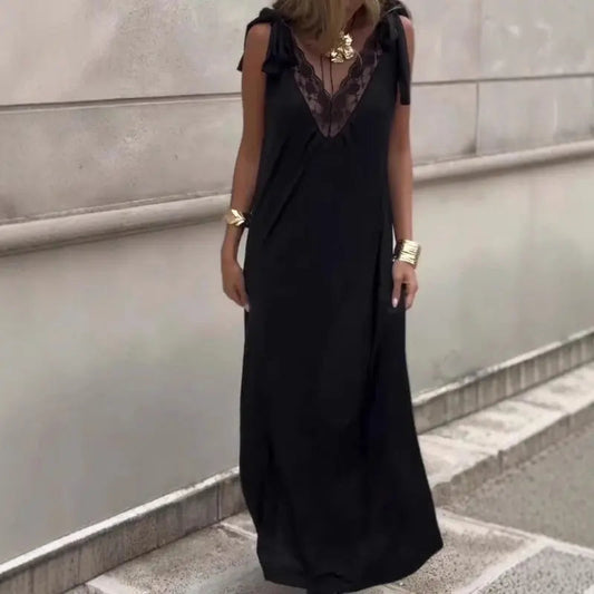 💃Elegantes Spitzen-Maxikleid mit V-Ausschnitt – Ärmellos, 🌸atmungsaktiv & vielseitig für jeden Anlass | Gr. S-3XL | Schwarz